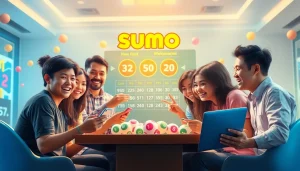 Pemain bersemangat menikmati permainan togel Sumo Togel online dengan warna-warni cerah dan teknologi modern.