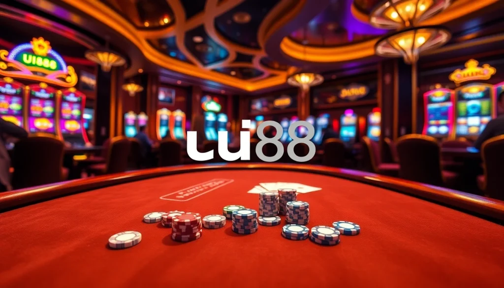Experience the thrilling atmosphere of uu88 with poker tables and slot machines in action.