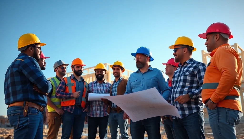 Builders discussing plans representing Texas association of builders at a construction site.