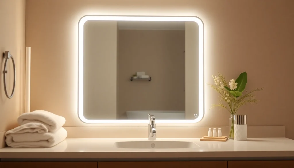 Showcasing a stylish bathroom mirror with LED light reflecting a luxurious bathroom ambiance.