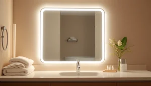 Showcasing a stylish bathroom mirror with LED light reflecting a luxurious bathroom ambiance.