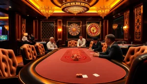 Players enjoying the exclusive benefits of Clube VIP HHBET at a luxurious casino table with poker chips and cards.