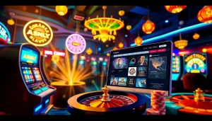 Experience onicplay excitement with vibrant casino visuals of slot machines and roulette, showcasing thrilling gameplay.
