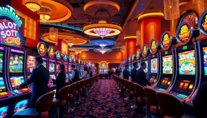 Berinteraksi dengan mesin Slot Depo 5k di lingkungan kasino yang mendebarkan, dengan lampu-lampu yang meriah dan pemain yang ceria.