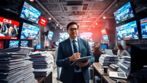 Captivating scene of a news journalist at https://www.thedailynewsonline.com newsroom highlighting urgent news reporting.