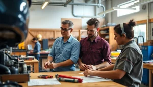 Students actively learning at trade schools in Hawaii with hands-on training in a workshop.