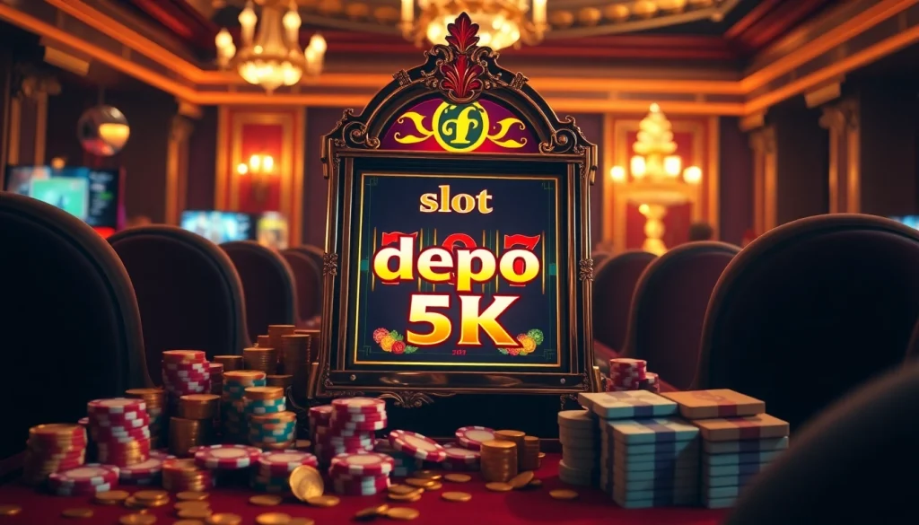Play exciting slot depo 5k with vibrant casino elements like chips and cards.