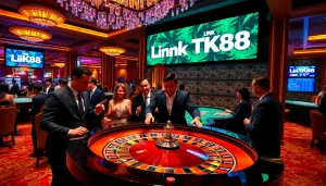 Gamblers enjoying a thrilling roulette game at a luxurious casino with Link TK88 displayed prominently.