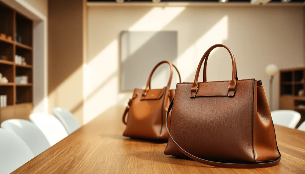 레플리카사이트의 고급스러운 명품 가방을 전시하는 세련된 장면