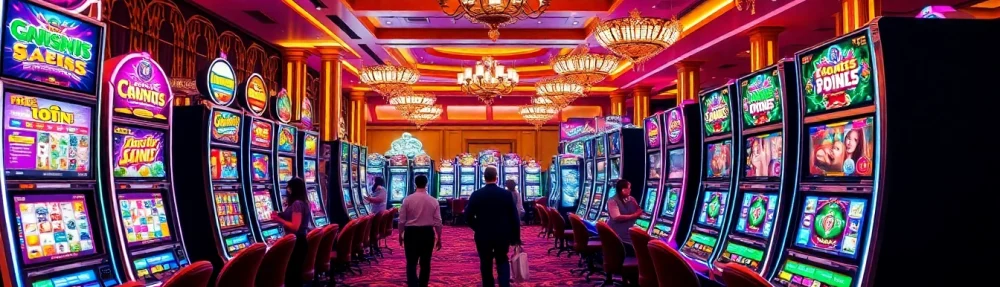 Exciting slot machines in a luxurious casino interior bustling with enthusiastic players.