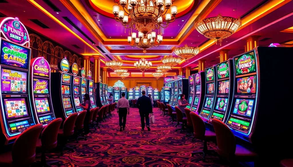 Exciting slot machines in a luxurious casino interior bustling with enthusiastic players.