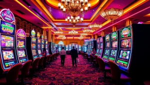Exciting slot machines in a luxurious casino interior bustling with enthusiastic players.