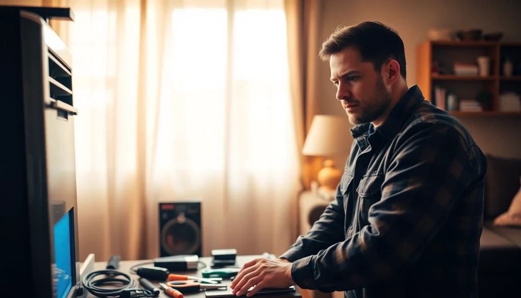 Technician performing emergency heating repair on a home's heating system, showcasing tools and expertise.