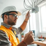 Electrician conducting electrical maintenance edmonton in a well-lit residential workspace.