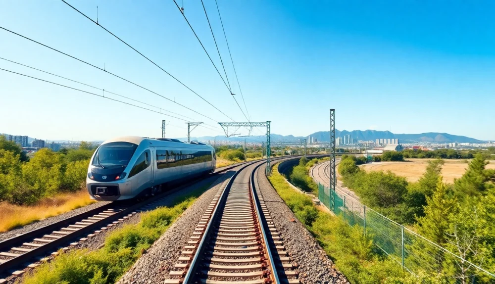 Efficient universal rail system connecting urban landscapes and nature with modern trains.