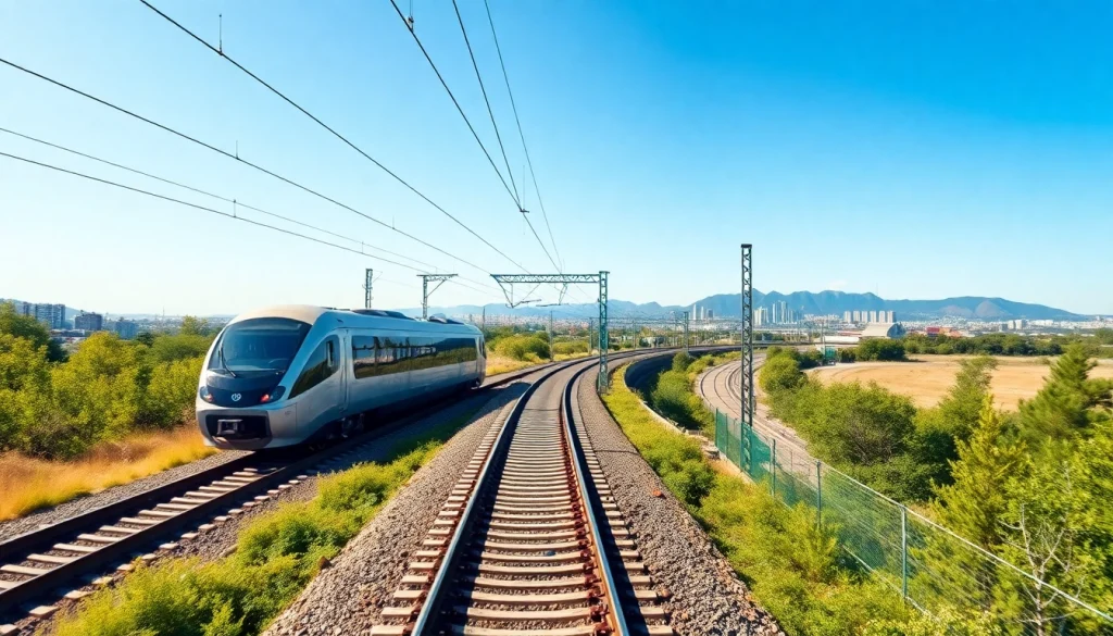 Efficient universal rail system connecting urban landscapes and nature with modern trains.