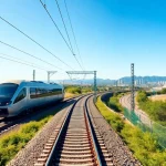 Efficient universal rail system connecting urban landscapes and nature with modern trains.