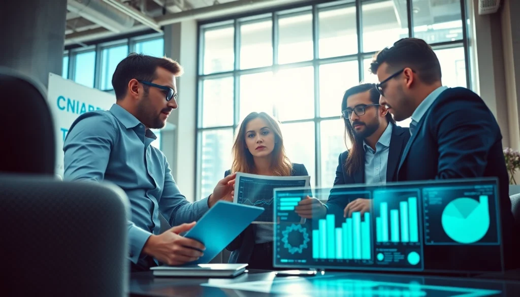 View of a team discussing competitive intelligence faqs with data and charts in a modern office.