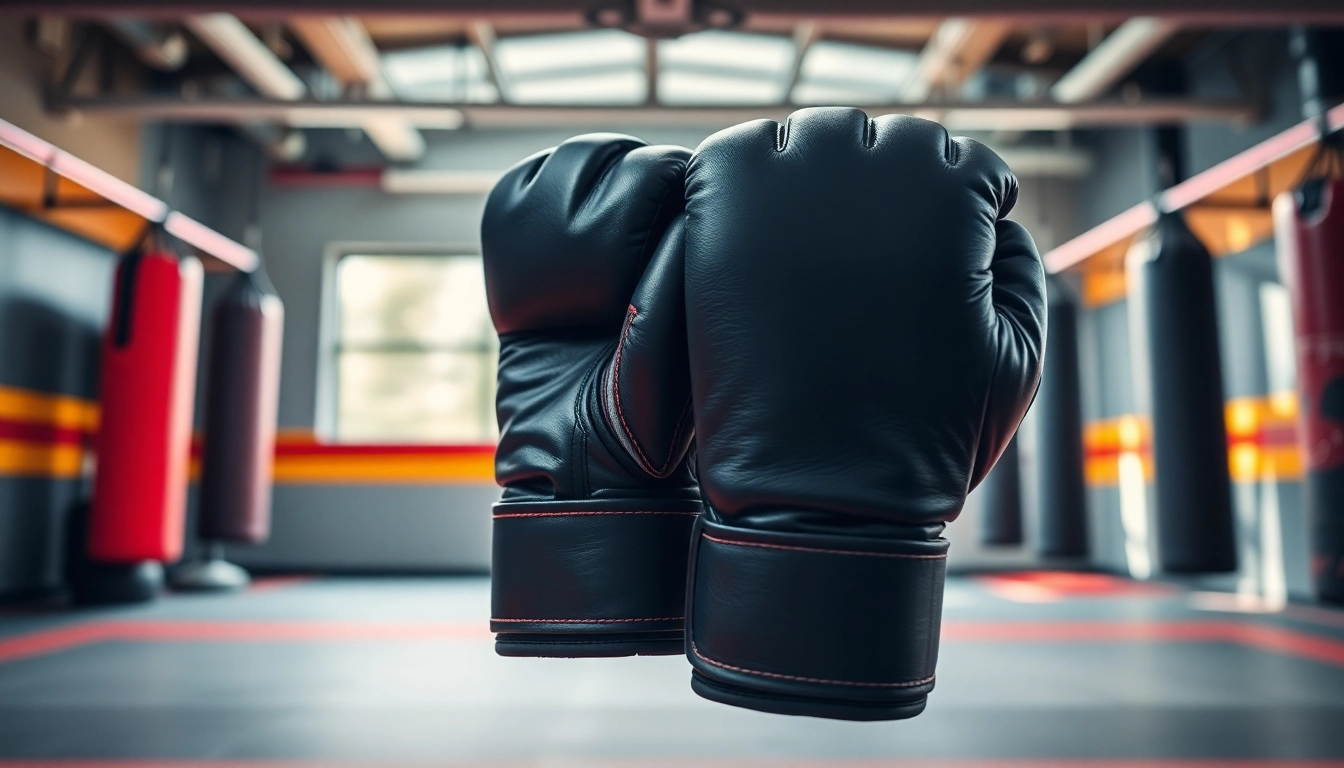 MMA gloves with top-quality design showcased in a vibrant gym environment.