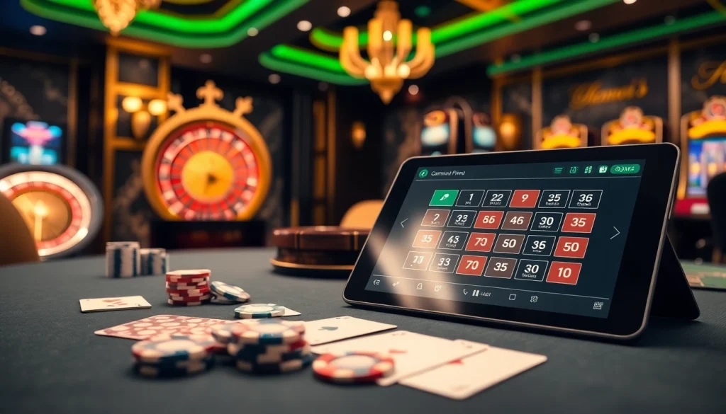 Engaging scene of nhà cái open88 featuring a vibrant casino atmosphere with poker chips and a roulette wheel.