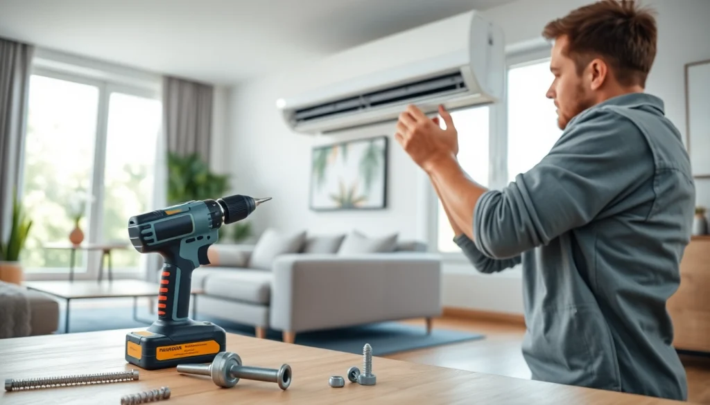 Technician performing AC installation services in a modern home with stylish decor.