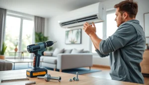Technician performing AC installation services in a modern home with stylish decor.