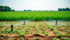 High-efficiency land irrigation with detailed circular patterns amidst lush crops.
