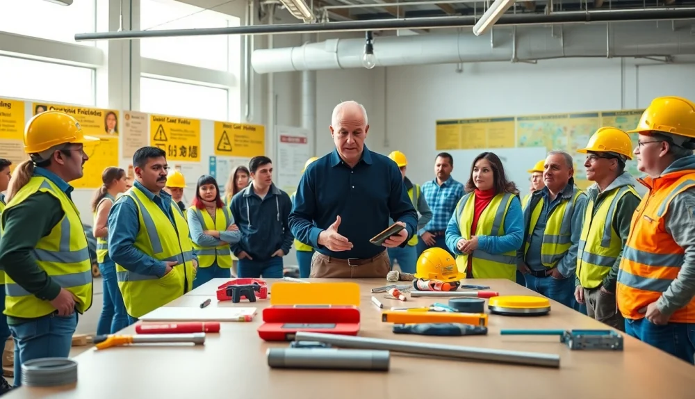Participants engaging in construction safety training with tools and instructor guidance.