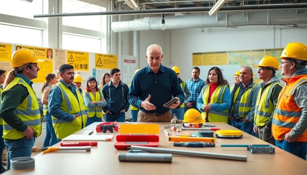Participants engaging in construction safety training with tools and instructor guidance.