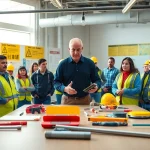 Participants engaging in construction safety training with tools and instructor guidance.