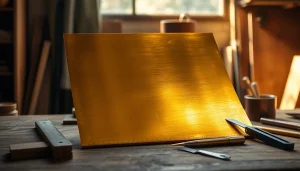 Foie de alamă de înaltă calitate (tabla alama) într-un atelier de meșteșugari, evidențiind textura și măiestria.