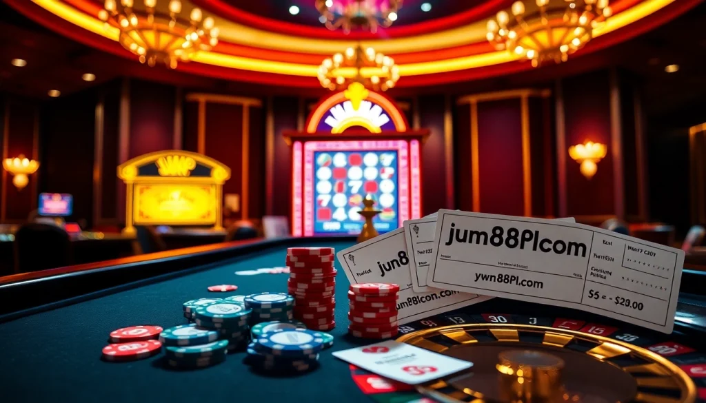 A lively casino scene portraying engaging gambling activities at jun88pl.com with poker chips and slot machines.