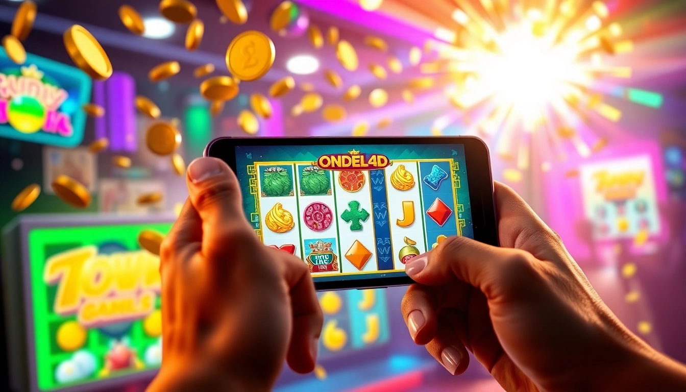 Menangkan permainan ondel4d slot dengan smartphone sambil dikelilingi uang dan kembang api.