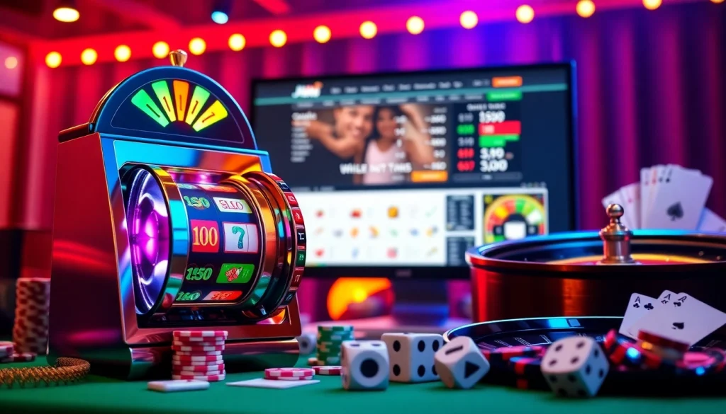 Jamuslot online players winning big with vibrant slot machines and casino games in a thrilling atmosphere.