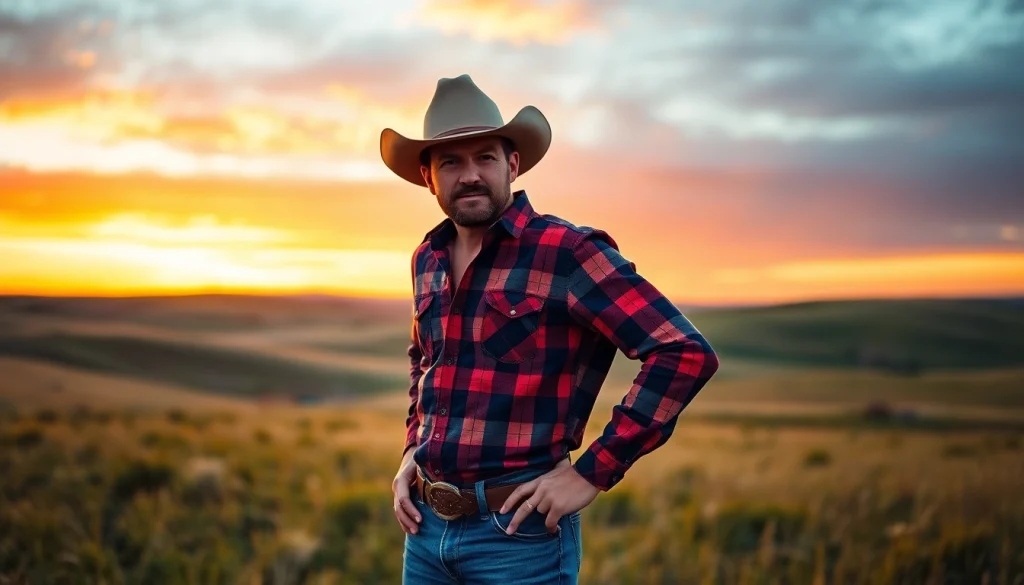 Model showcasing western wear Canada in a stunning prairie sunset setting with vibrant colors.