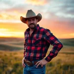 Model showcasing western wear Canada in a stunning prairie sunset setting with vibrant colors.