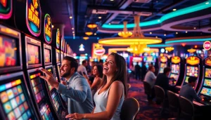 Masuk ke hoki77 login dengan suasana kasino yang ramai dan mesin slot berkilau.