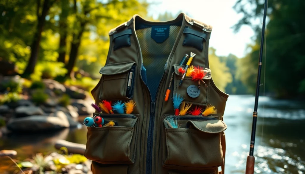 A fisherman wearing a fly fishing vest filled with colorful lures while river fishing.