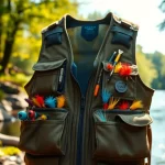 A fisherman wearing a fly fishing vest filled with colorful lures while river fishing.