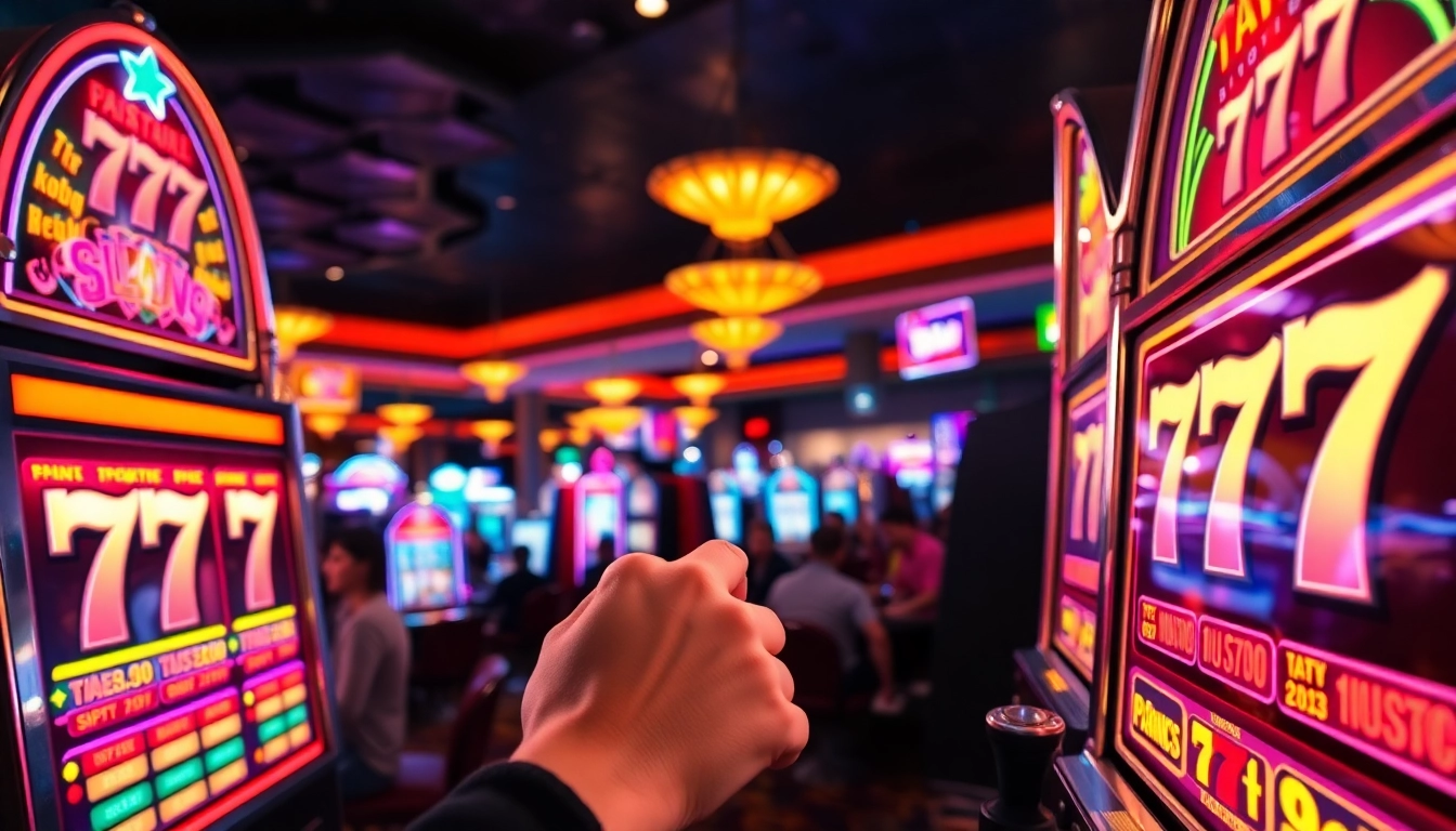 Bermain slot 777 di mesin slot yang berkilau dengan atmosfer kasino yang meriah.