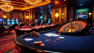 LUCK8 gaming table with poker chips and colorful cards, showcasing a luxurious gambling experience.