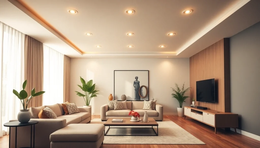 Inbouwspots verlichten een moderne woonkamer met een warme sfeer en stijlvolle decoraties.