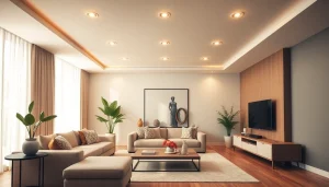 Inbouwspots verlichten een moderne woonkamer met een warme sfeer en stijlvolle decoraties.