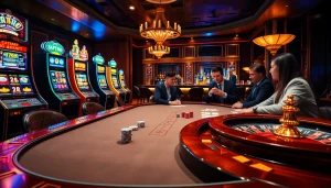 Engaging high-stakes poker game at trang chủ thabet with vibrant slot machines in the background.