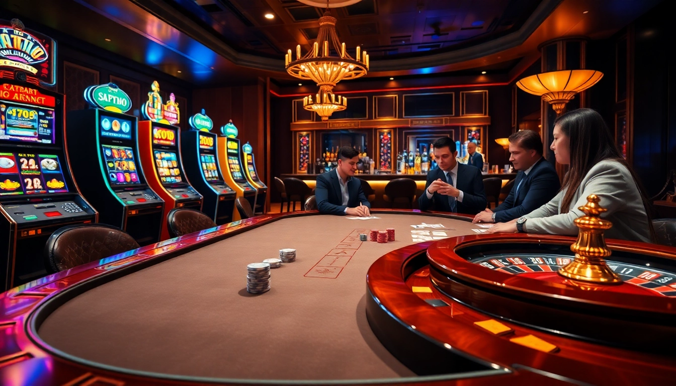 Engaging high-stakes poker game at trang chủ thabet with vibrant slot machines in the background.
