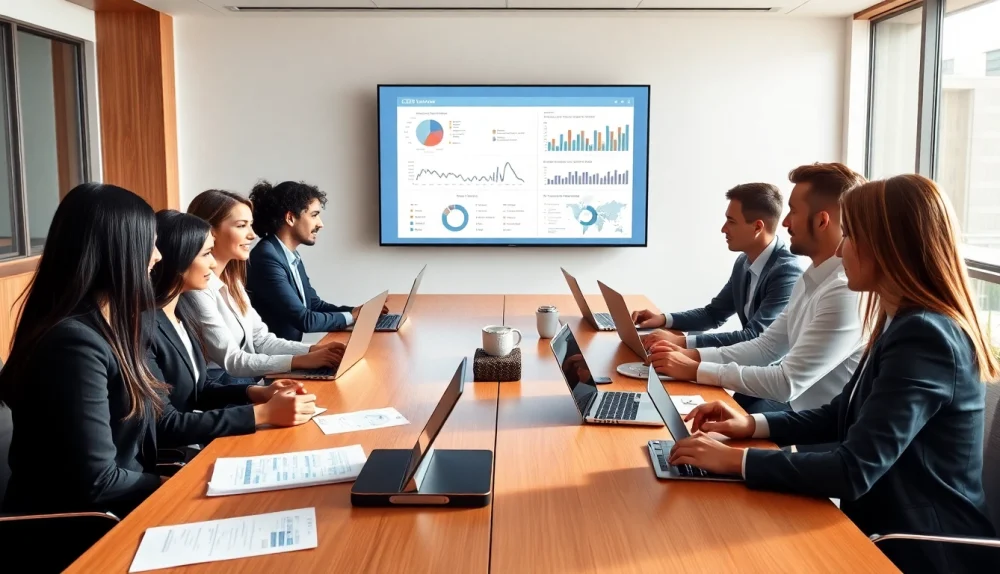 Visualize CRM integration in a collaborative business meeting setting featuring active professionals.
