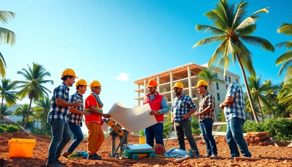 Hawaii construction association professionals engage in building development discussions outdoors.
