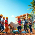 Hawaii construction association professionals engage in building development discussions outdoors.