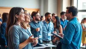 Dynamic scene at a startup innovation conference featuring engaged participants sharing ideas.