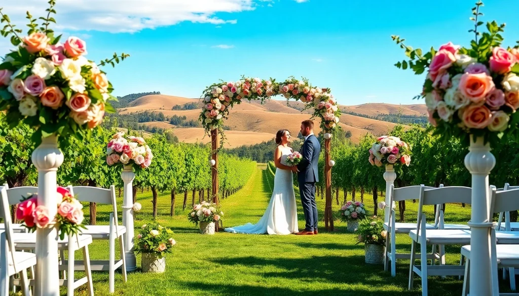 Couple exchanging vows in a Clarksburg wedding at a beautiful vineyard with floral decorations.